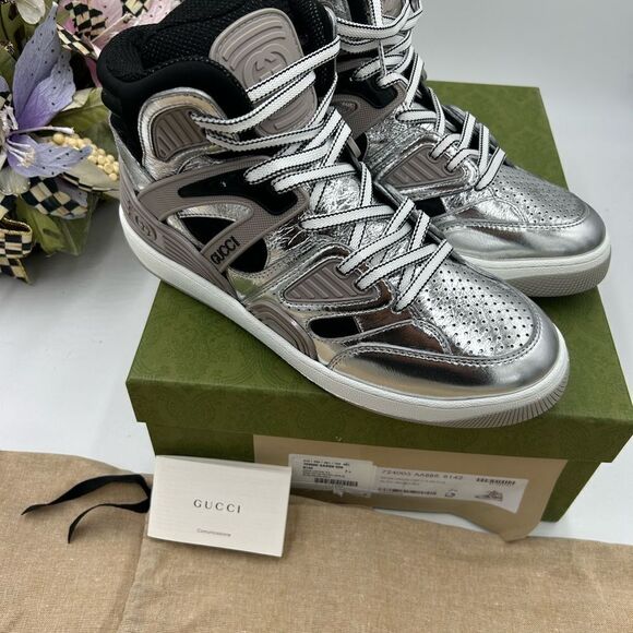 Men’s Gucci basket high top silver sneakers size 7.5 made in Italy - Picture 11 of 12